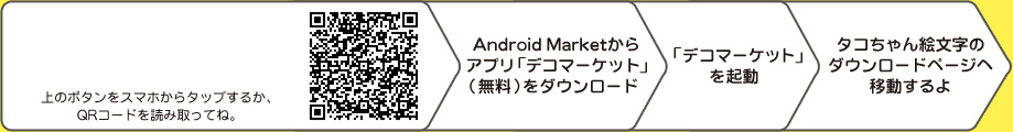 Android Marketからアプリ「デコマーケット」（無料）をダウンロード→「デコマーケット」
を起動→タコちゃん絵文字のダウンロードページへ移動するよ